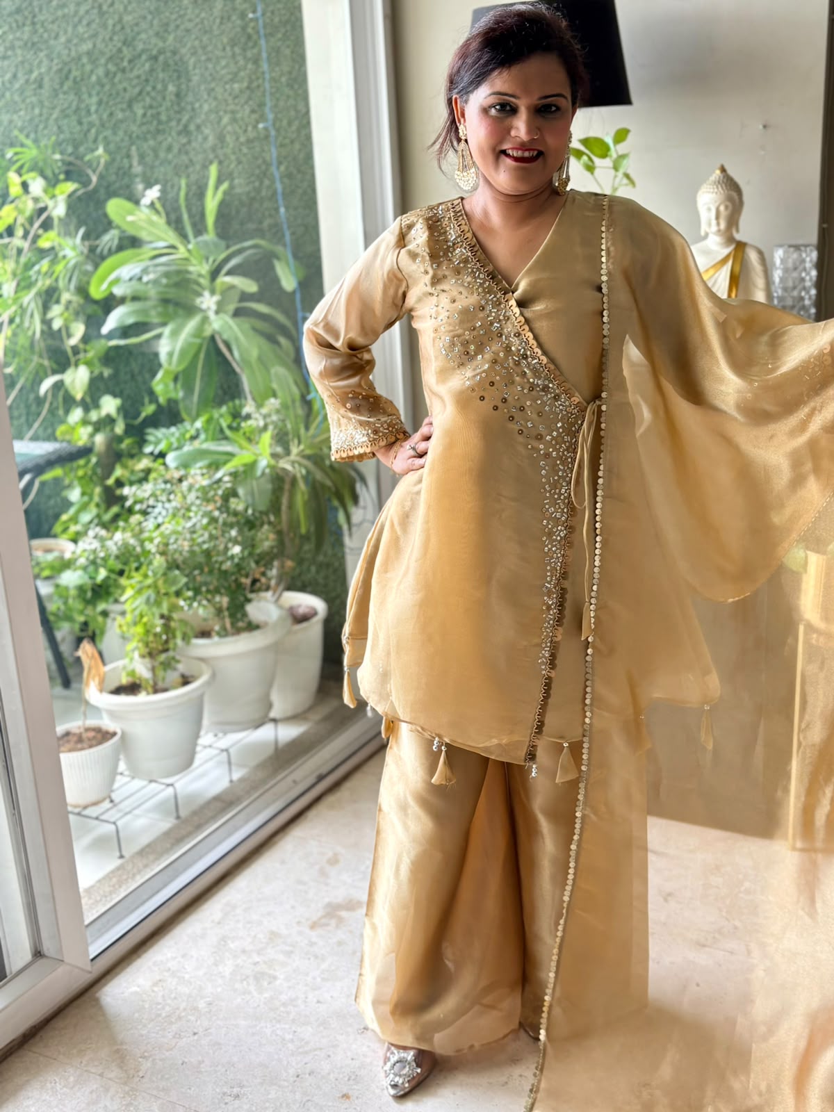 Angrakha Pattern Premium Tissue Silk Golden Embellished Sharara Suit Set - SC005