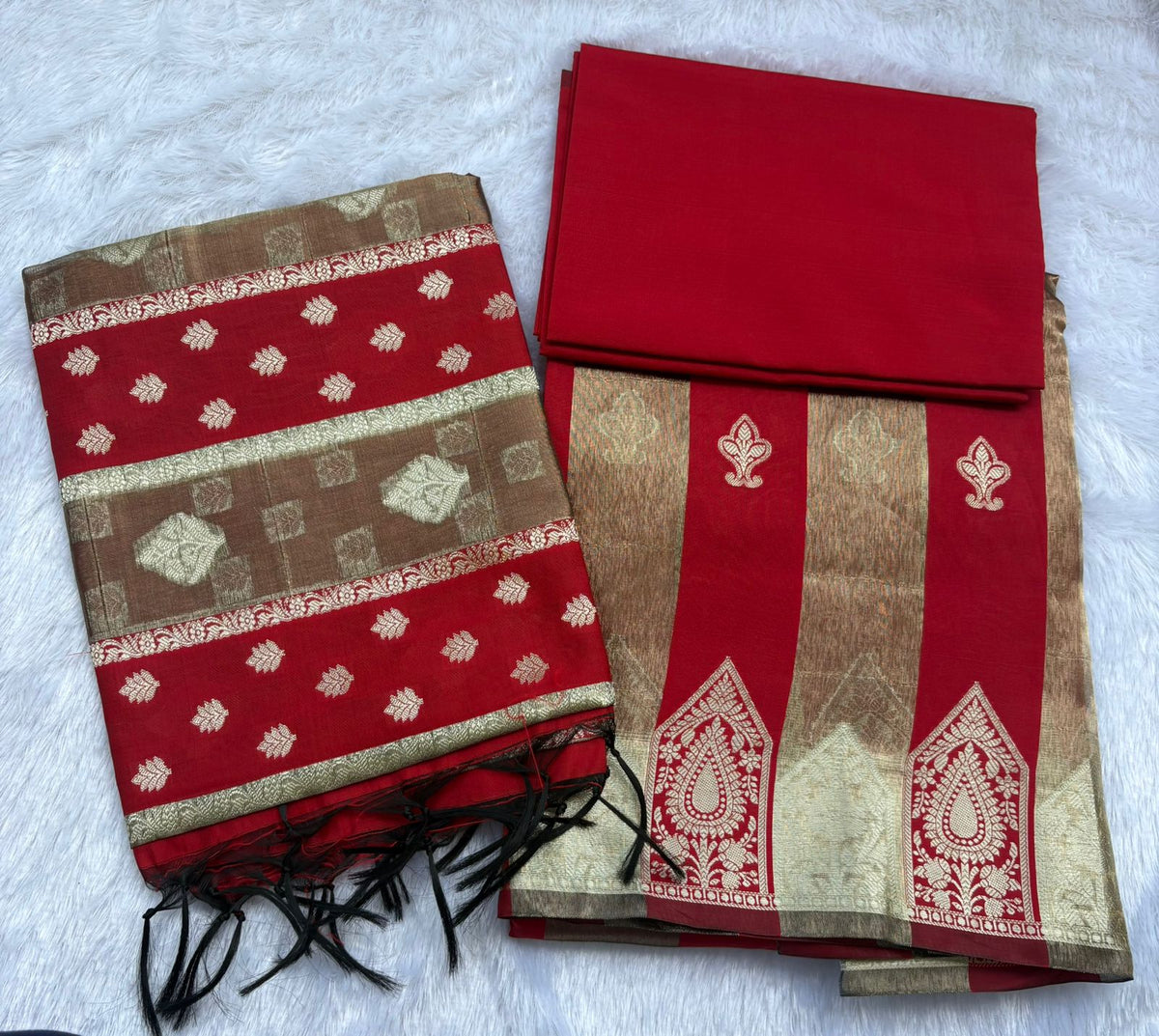 Red and Gold toned woven Banarasi Silk Unstitched Salwar Suit Set - SAJ-02