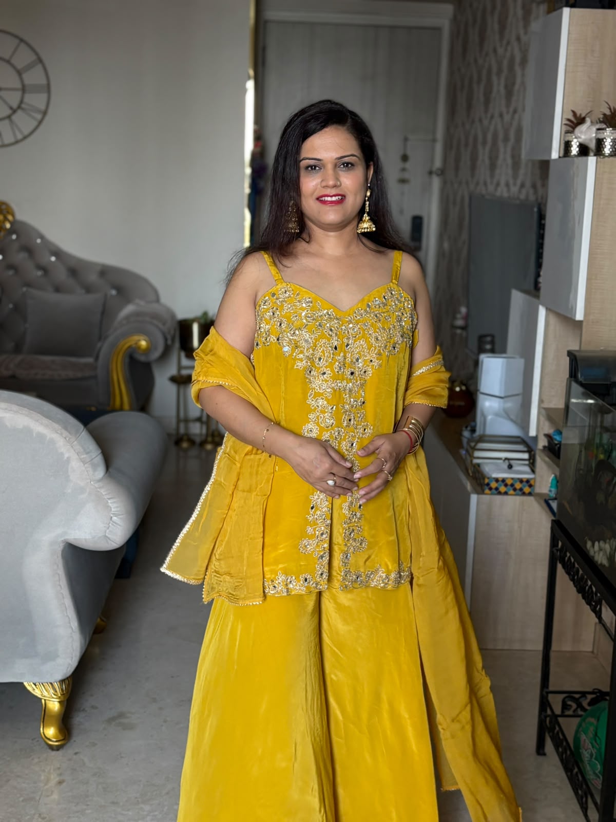Golden Glow Pure Crepe Mirror work Sharara Set (Sleeveless) - SAJ075