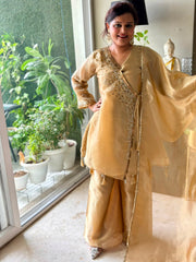 Angrakha Pattern Premium Tissue Silk Golden Embellished Sharara Suit Set - SC005