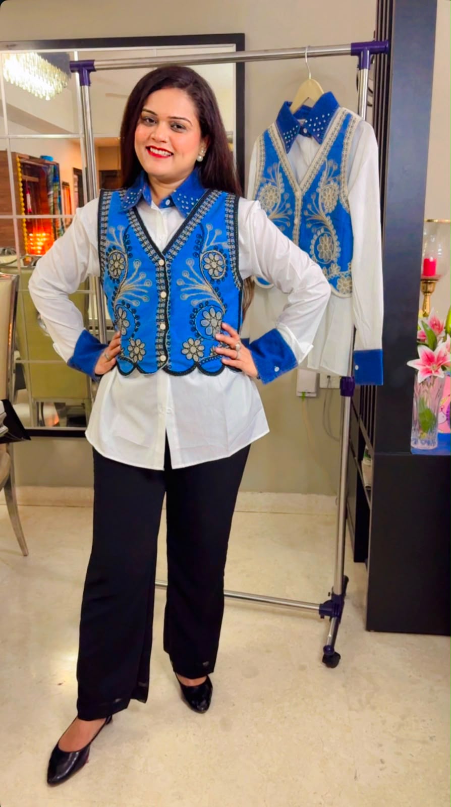 Royal Blue Embroidered Denim Waistcoat with Korean White imported Shirt with studded color and Cuffs -Free Size upto XL - SC004