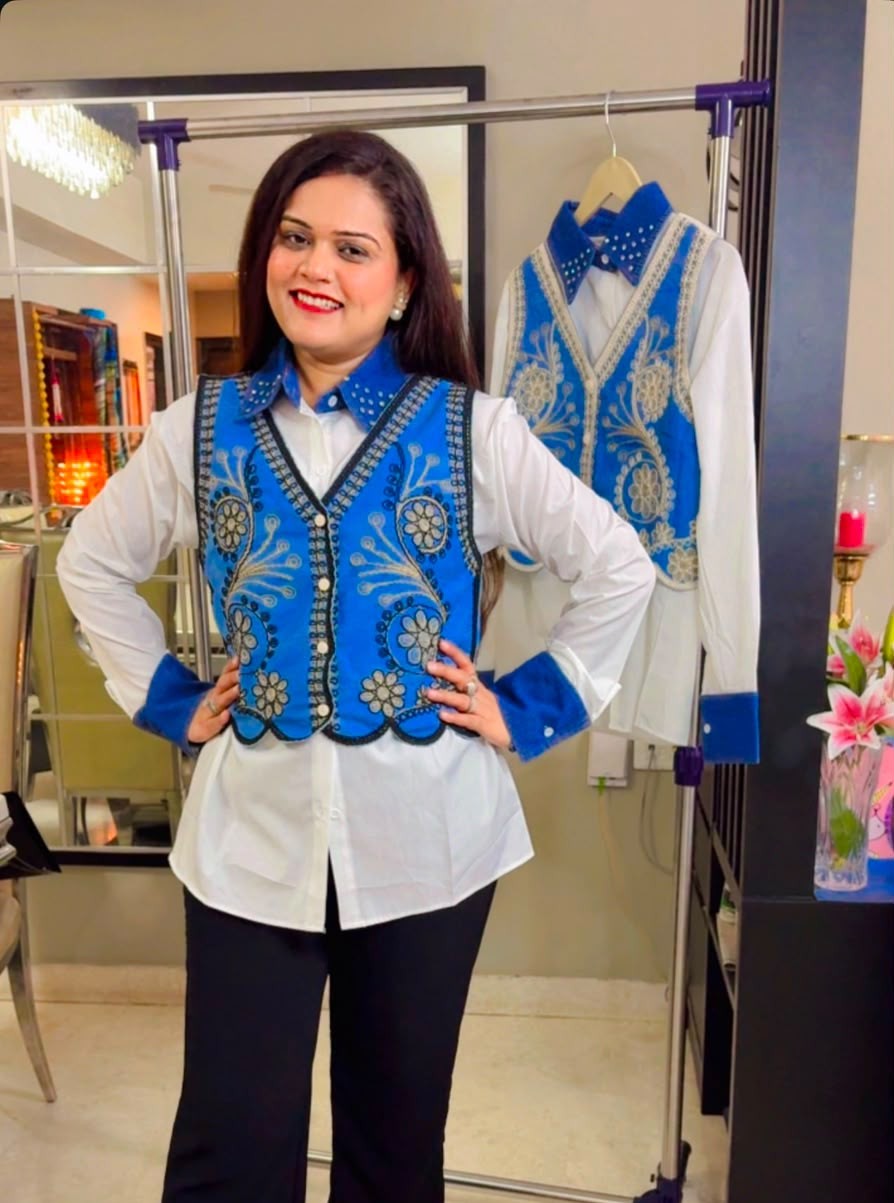 Royal Blue Embroidered Denim Waistcoat with Korean White imported Shirt with studded color and Cuffs -Free Size upto XL - SC004