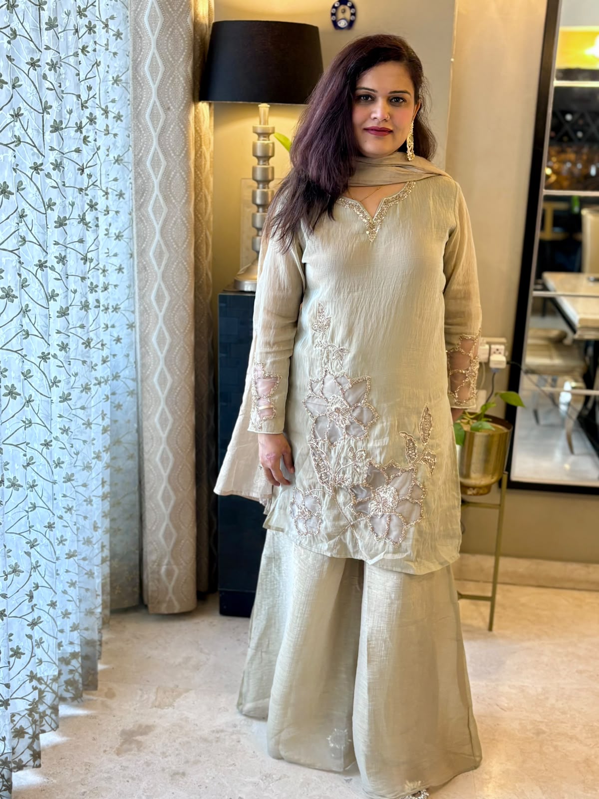 Elegant Ivory Embroidered Sharara Set - Premium Crush Tissue Fabric - SC006