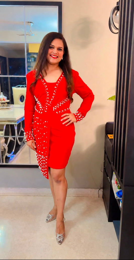 Party Wear Red Dress with Pearl Work - SC010