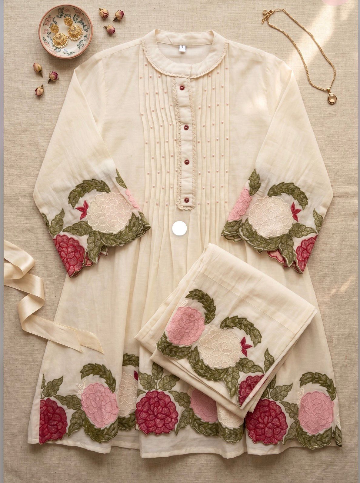 Cream Floral Mul Cotton Coord Set - SC012
