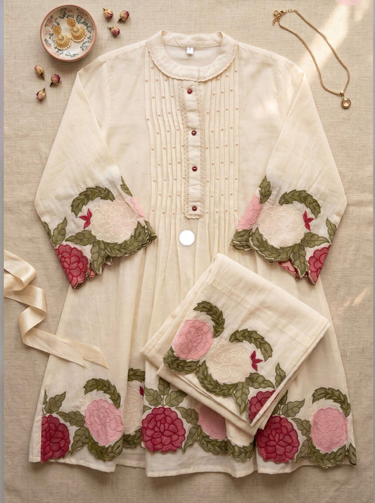 Cream Floral Mul Cotton Coord Set - SC012