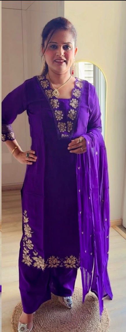 Mul Chanderi Suit Set with Cut Work on Sleeves and Lightweight Embroidered Dupatta - Purple - SC019