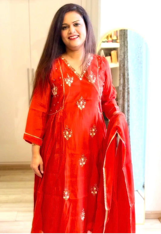Embroidered A Line in Crepe Silk Fabric - Rust Colour - SC018