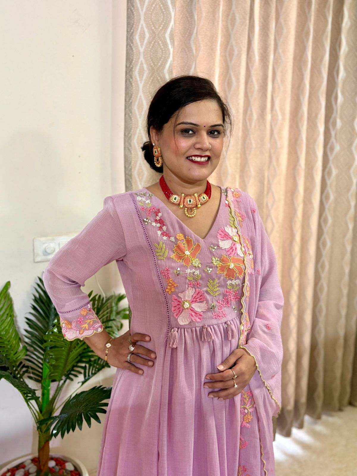 Mul Chanderi A line Suit Set - Mauve - SC022