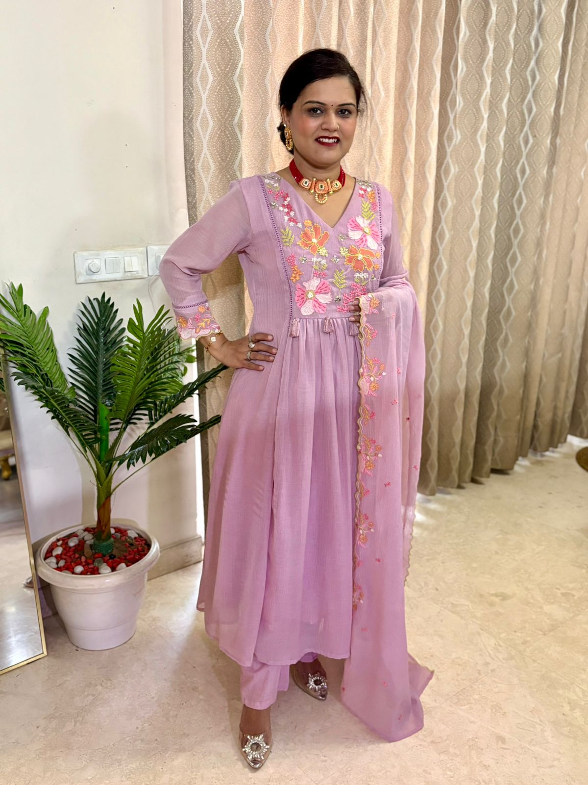 Mul Chanderi A line Suit Set - Mauve - SC022