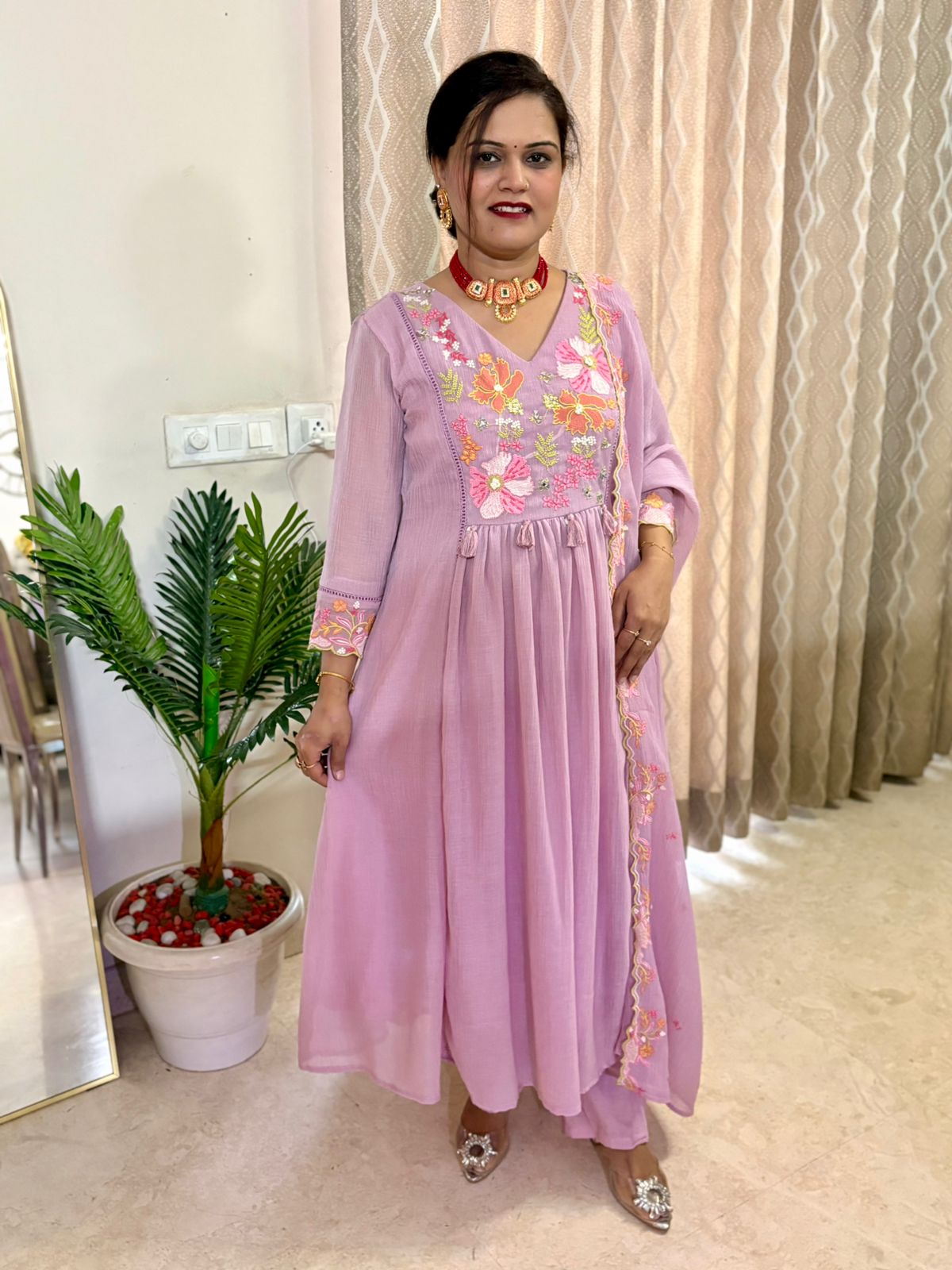 Mul Chanderi A line Suit Set - Mauve - SC022