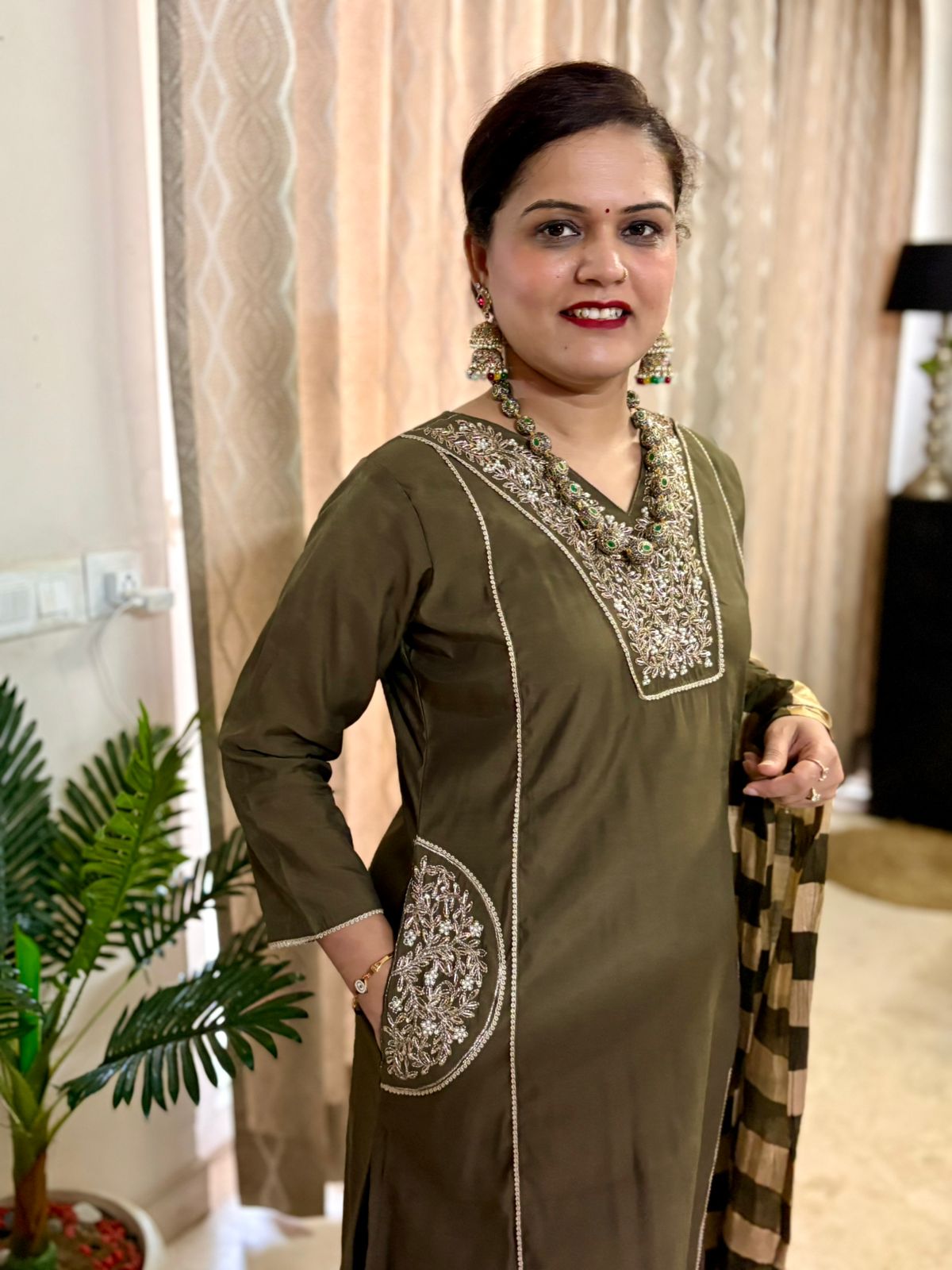 Roman Silk Embroidered Pocket Designs Olive Green - SC024