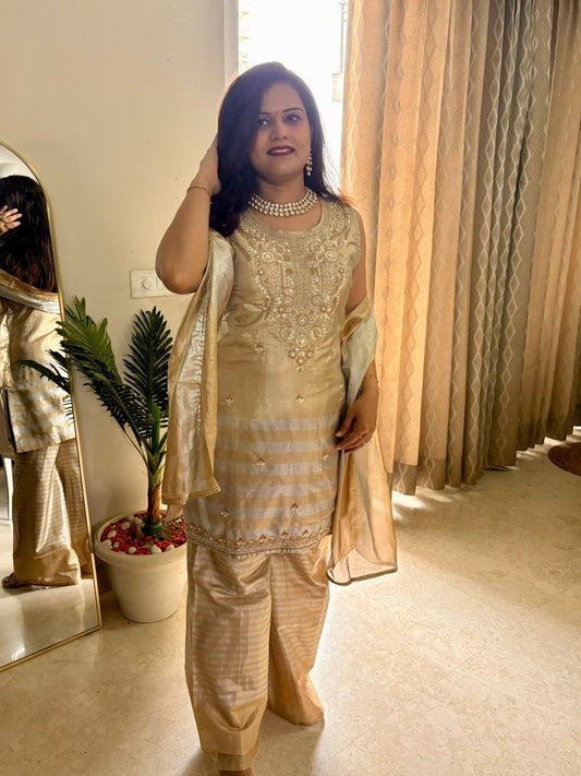 Gold Shimmer Dual Shade Tissue Silk Suit Set - SC023