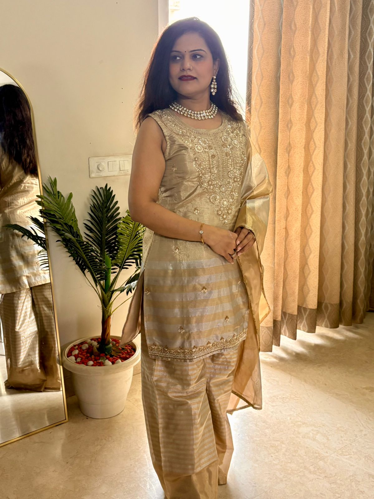 Gold Shimmer Dual Shade Tissue Silk Suit Set - SC023