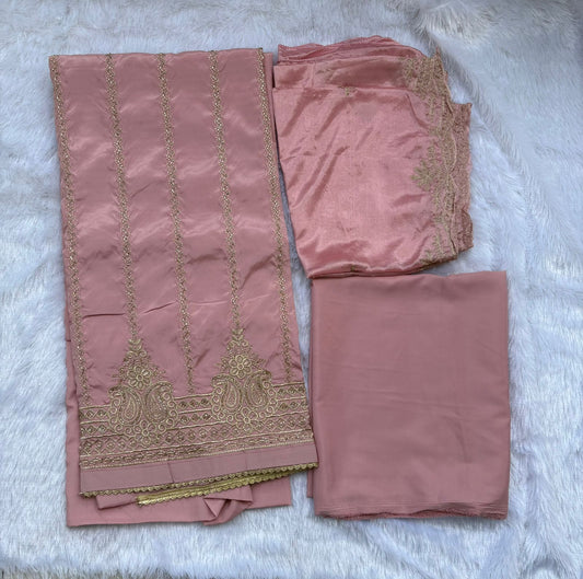 Pink Chinon Zariwork Unstitched Salwar Suit Set - SAJ-04