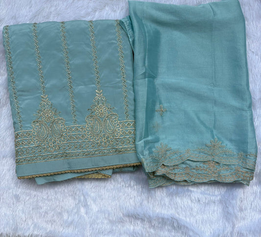 Chinon Zariwork Unstitched Salwar Suit Set - Blue - SAJ-05