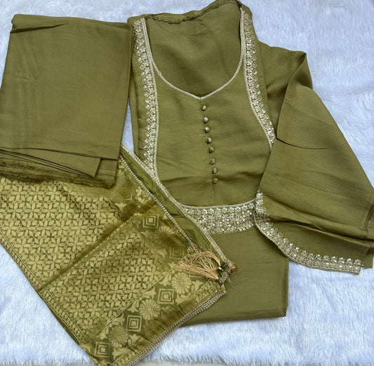 Semi Stitched designer sleeves and neck design suit set - SAJ-06