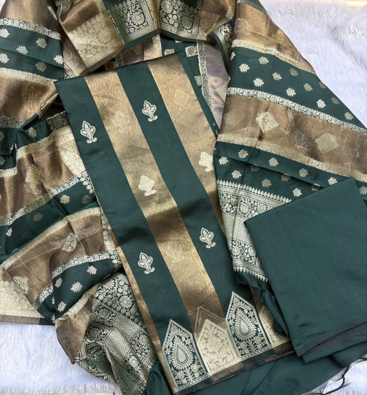 Green and Gold toned Zari woven Banarasi Silk Unstitched Salwar Suit Set - SAJ-03