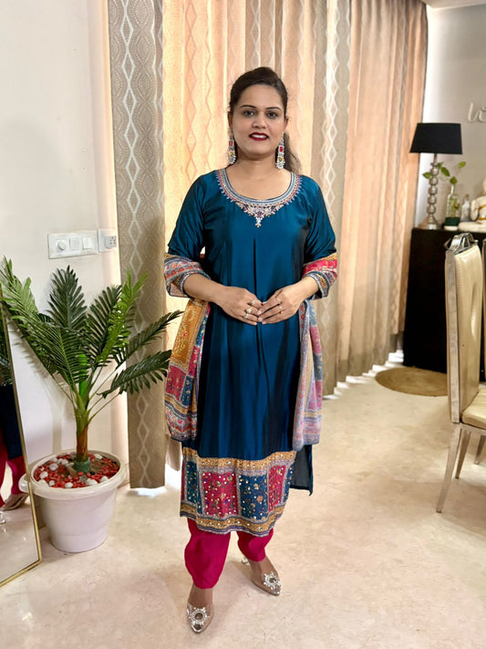 Teal Blue Vichitra Silk Suit Set - SC028