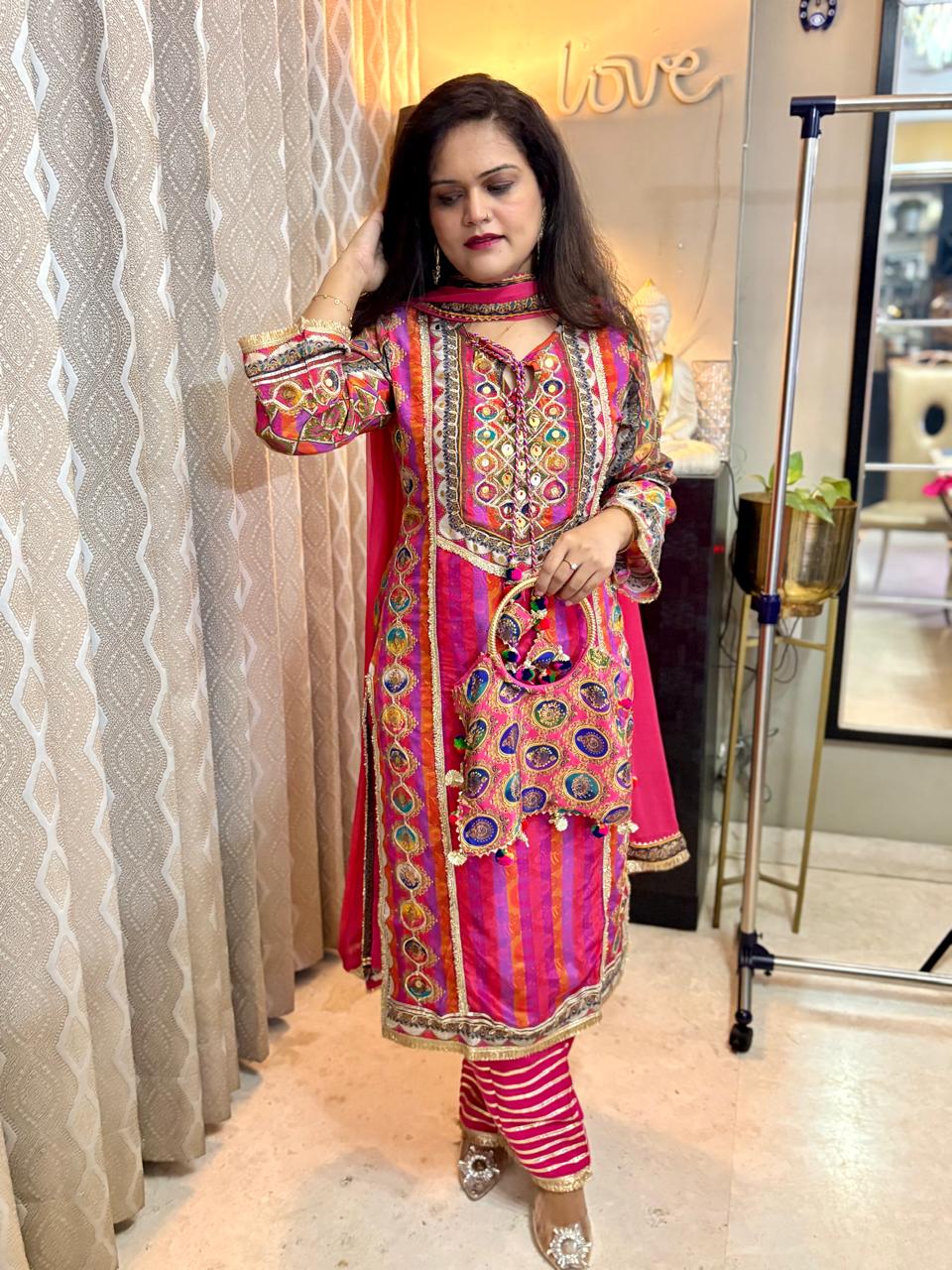 Designer Bestseller Four Piece Russian Crepe Suit with Potli - SAJ055