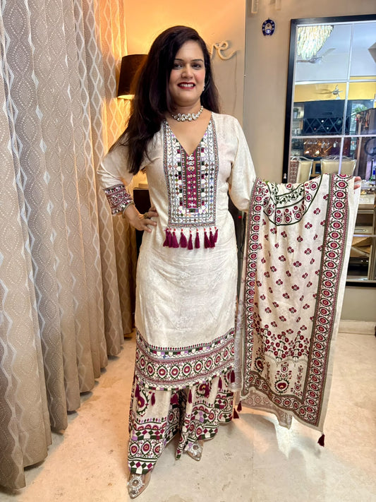 Ivory Mehroon Designer Dupatta Kurta Plazzo Set - SAJ056
