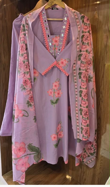 Luxury Pure Cotton Mirror Work A Line Suit Set - SAJ057