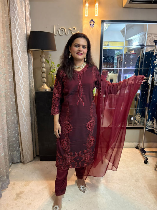 Glass Roman Silk Party wear Dress with Cut Work & Sequence Embroidery -SAJ058