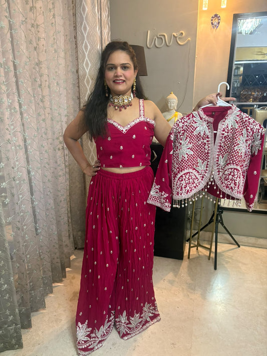 Fuchsia Pink Hand work Jacket with Blouse and Divider - Indo Western Dress - SAJ059