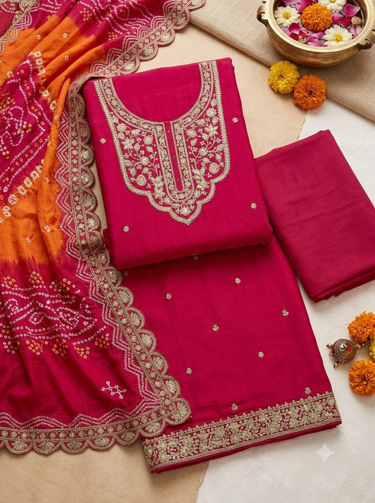 Fuschia Pink 3 PC UNSTITCHED Suit Set with Stunning Pink to Saffron Bandhani Dupatta - SAJ065
