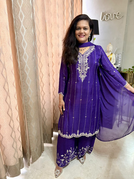 Royal Blue Chinon 3PC Suit with Plazzo and Dupatta - SAJ067