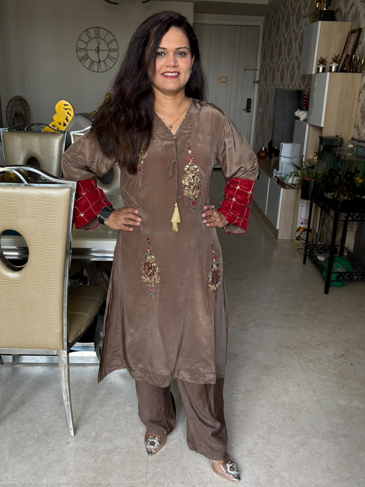 Pure Crepe Phiran Style Hand Embroidered Coord Set - SAJ068