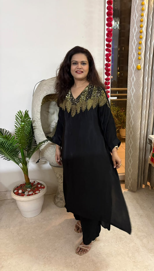 Festive Embellished Pure Crepe Designer Hand Embroidered Coord Set - SAJ073