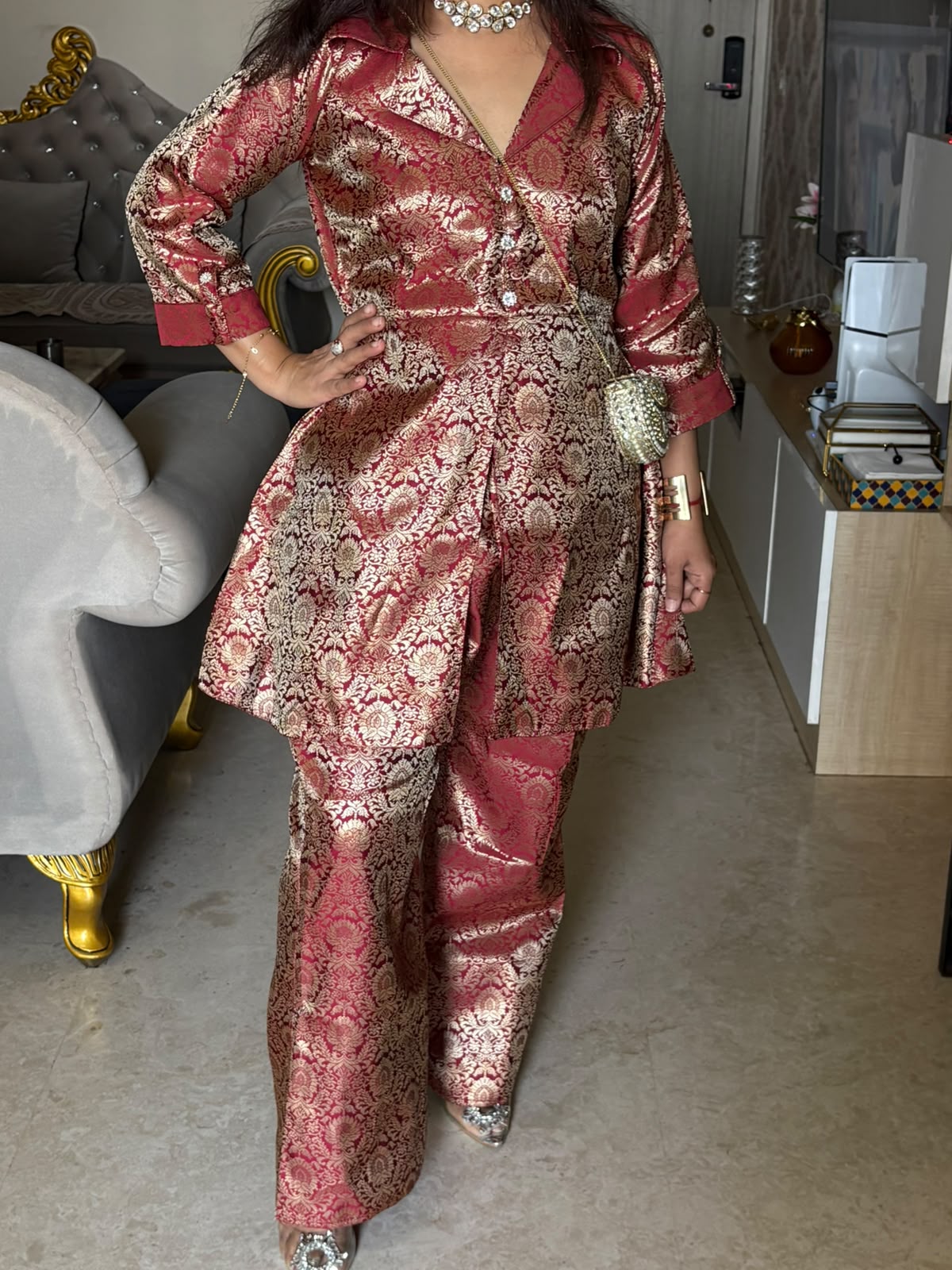 Red Brocade Cord Set in Peplum Collar Jacket Top with Bell Bottom Pant - SAJ077
