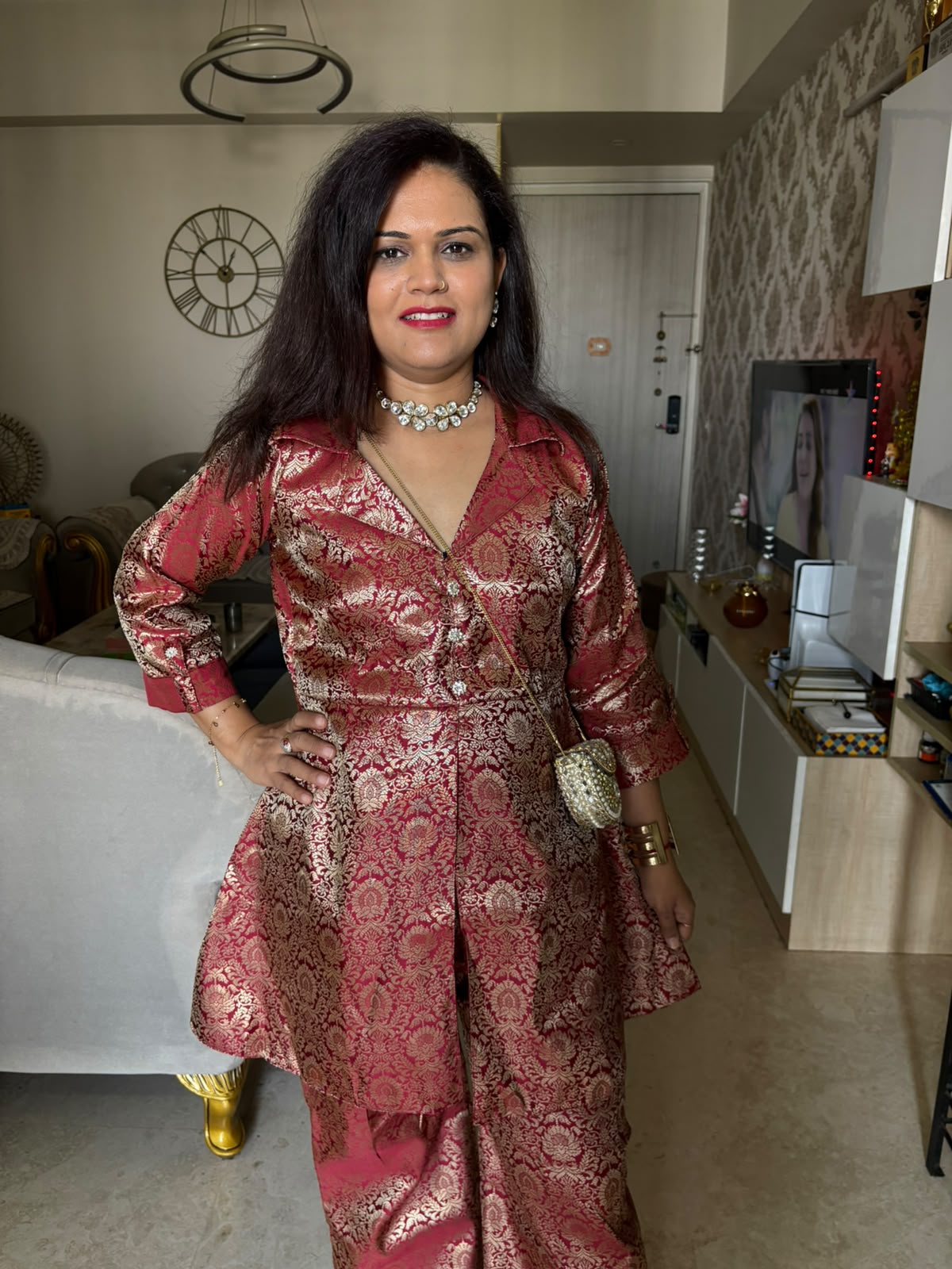 Red Brocade Cord Set in Peplum Collar Jacket Top with Bell Bottom Pant - SAJ077