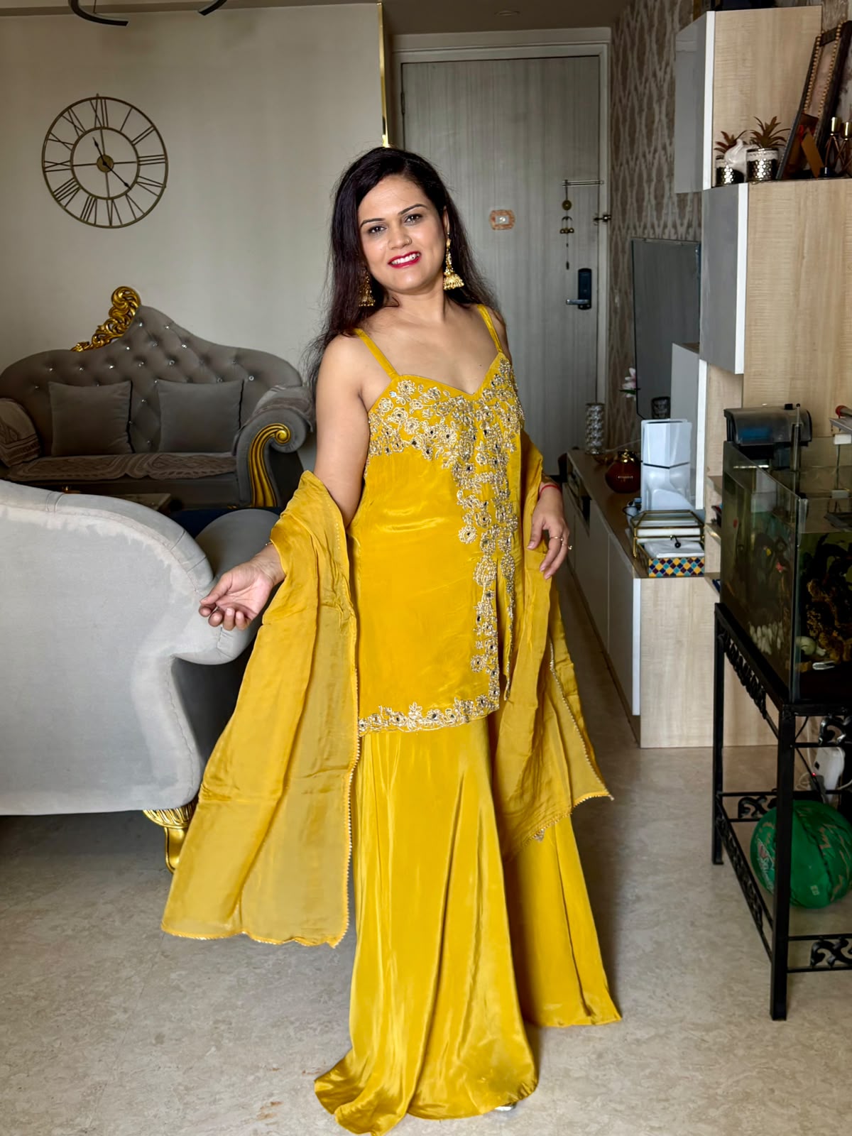 Golden Glow Pure Crepe Mirror work Sharara Set (Sleeveless) - SAJ075