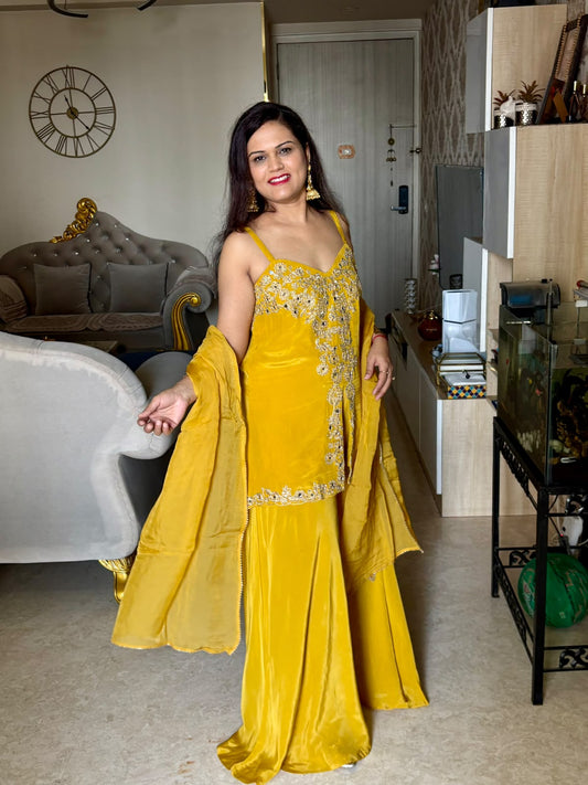 Golden Glow Pure Crepe Mirror work Sharara Set (Sleeveless) - SAJ075