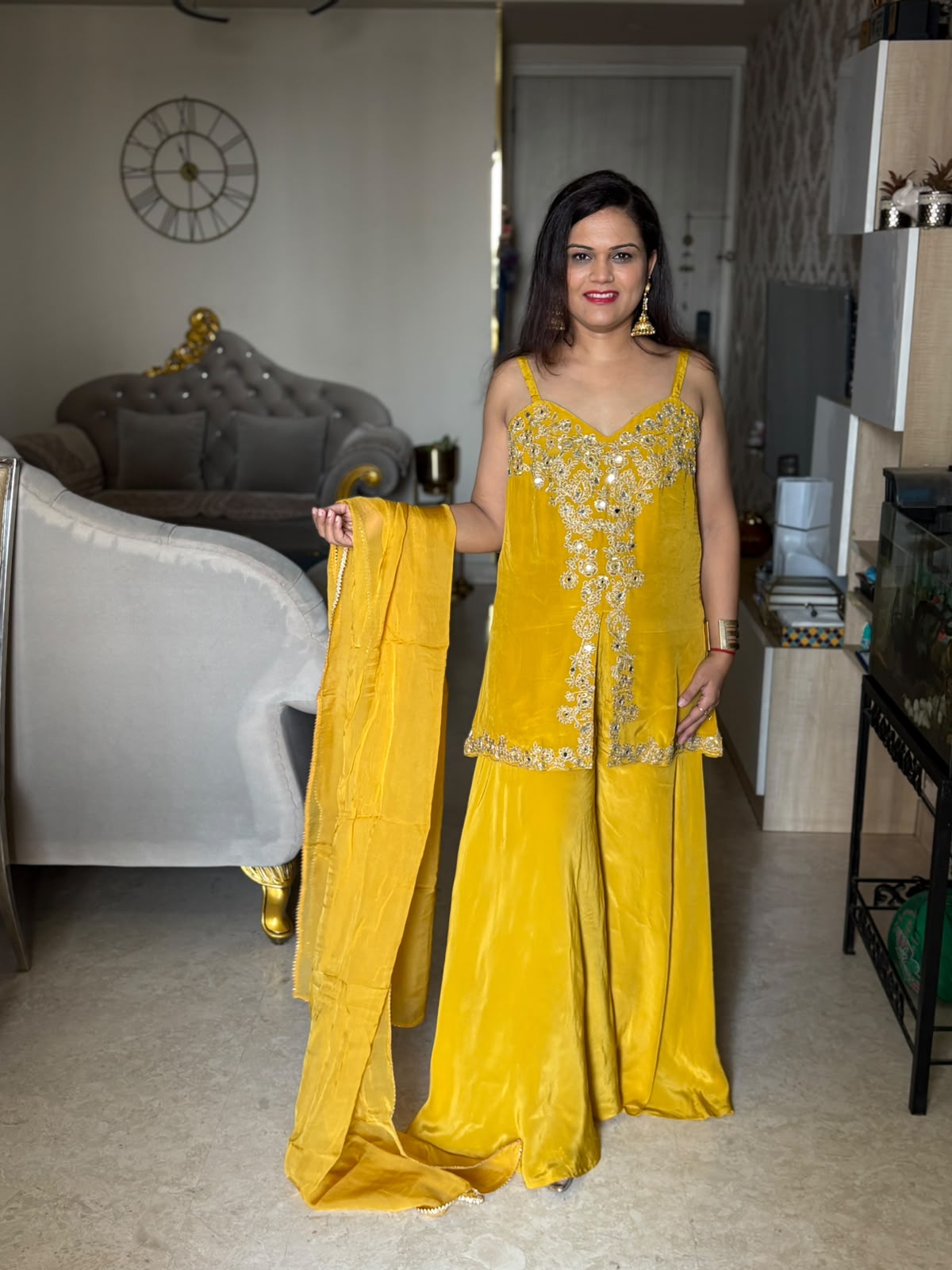 Golden Glow Pure Crepe Mirror work Sharara Set (Sleeveless) - SAJ075