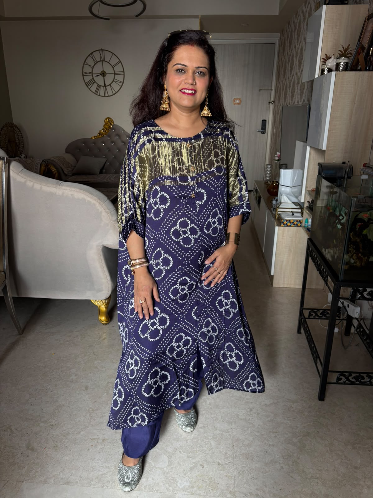 Modal Crepe Bandhani Gajji Silk Kaftan Set - SAJ076