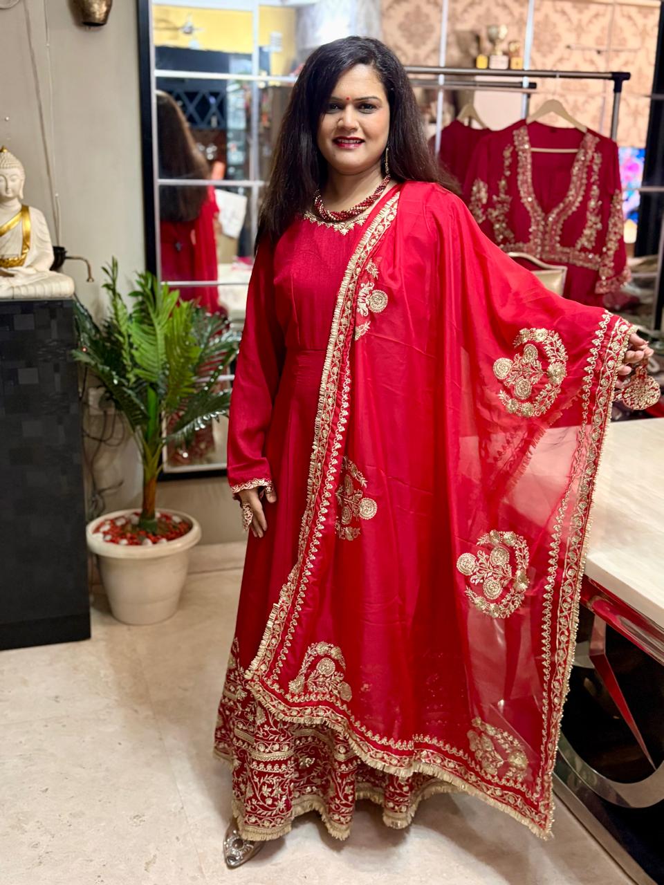 Red Anarkali in Vichitra Silk with thread and sequin cut work and Gold Embroidery (3Pc Set)-SAJ078