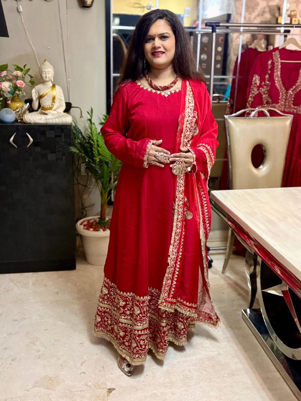 Red Anarkali in Vichitra Silk with thread and sequin cut work and Gold Embroidery (3Pc Set)-SAJ078