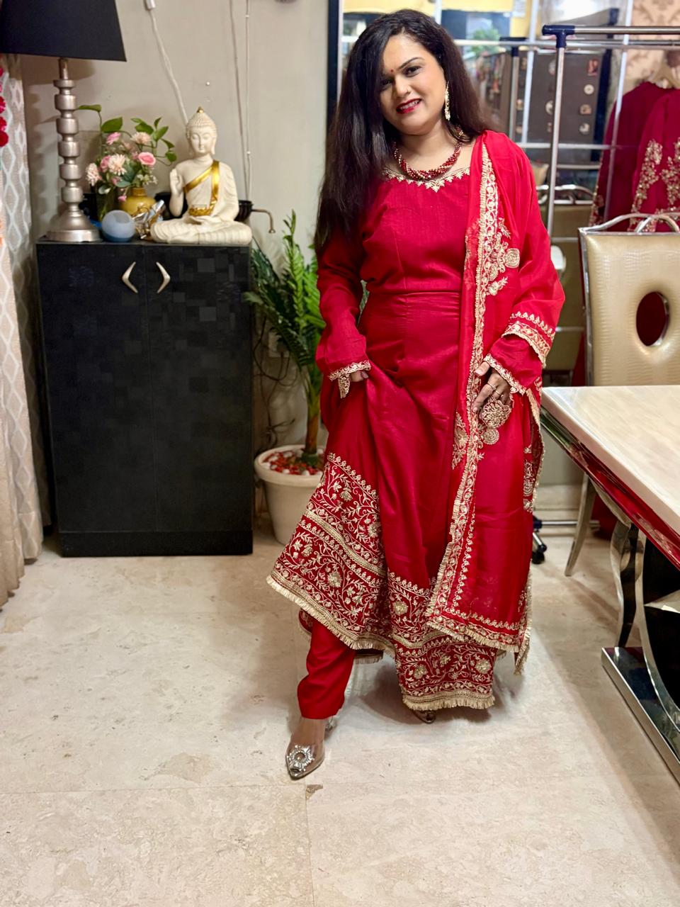 Red Anarkali in Vichitra Silk with thread and sequin cut work and Gold Embroidery (3Pc Set)-SAJ078