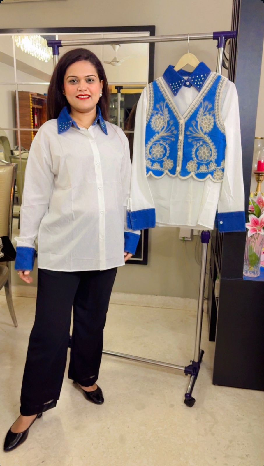 Royal Blue Embroidered Denim Waistcoat with Korean White imported Shirt with studded color and Cuffs -Free Size upto XL - SC004