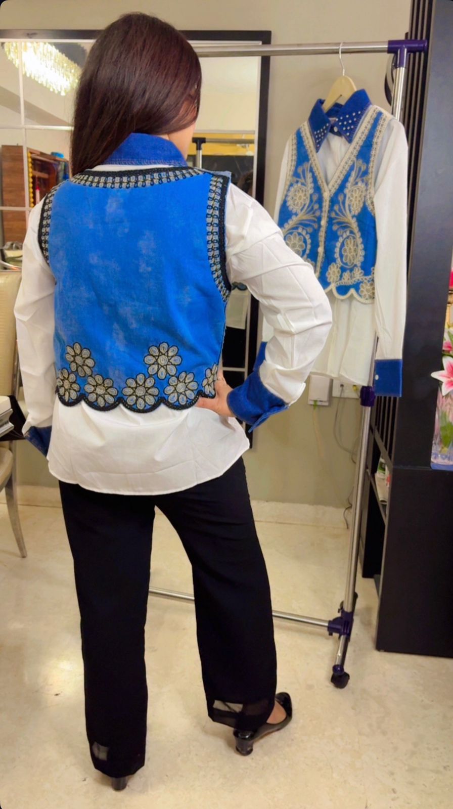 Royal Blue Embroidered Denim Waistcoat with Korean White imported Shirt with studded color and Cuffs -Free Size upto XL - SC004