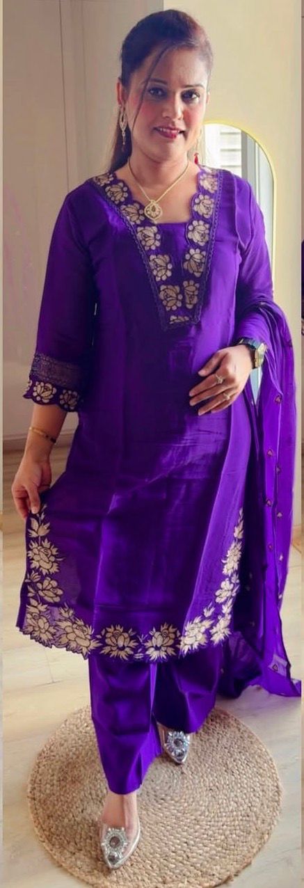 Mul Chanderi Suit Set with Cut Work on Sleeves and Lightweight Embroidered Dupatta - Purple - SC019