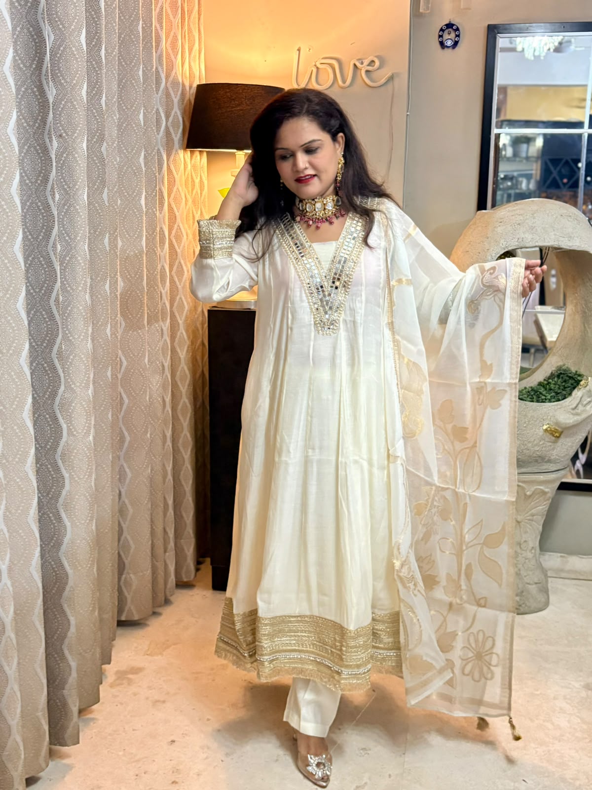 Ethnic Mirror work Mul Chanderi Anarkali with Trouser and Dupatta-SAJ054