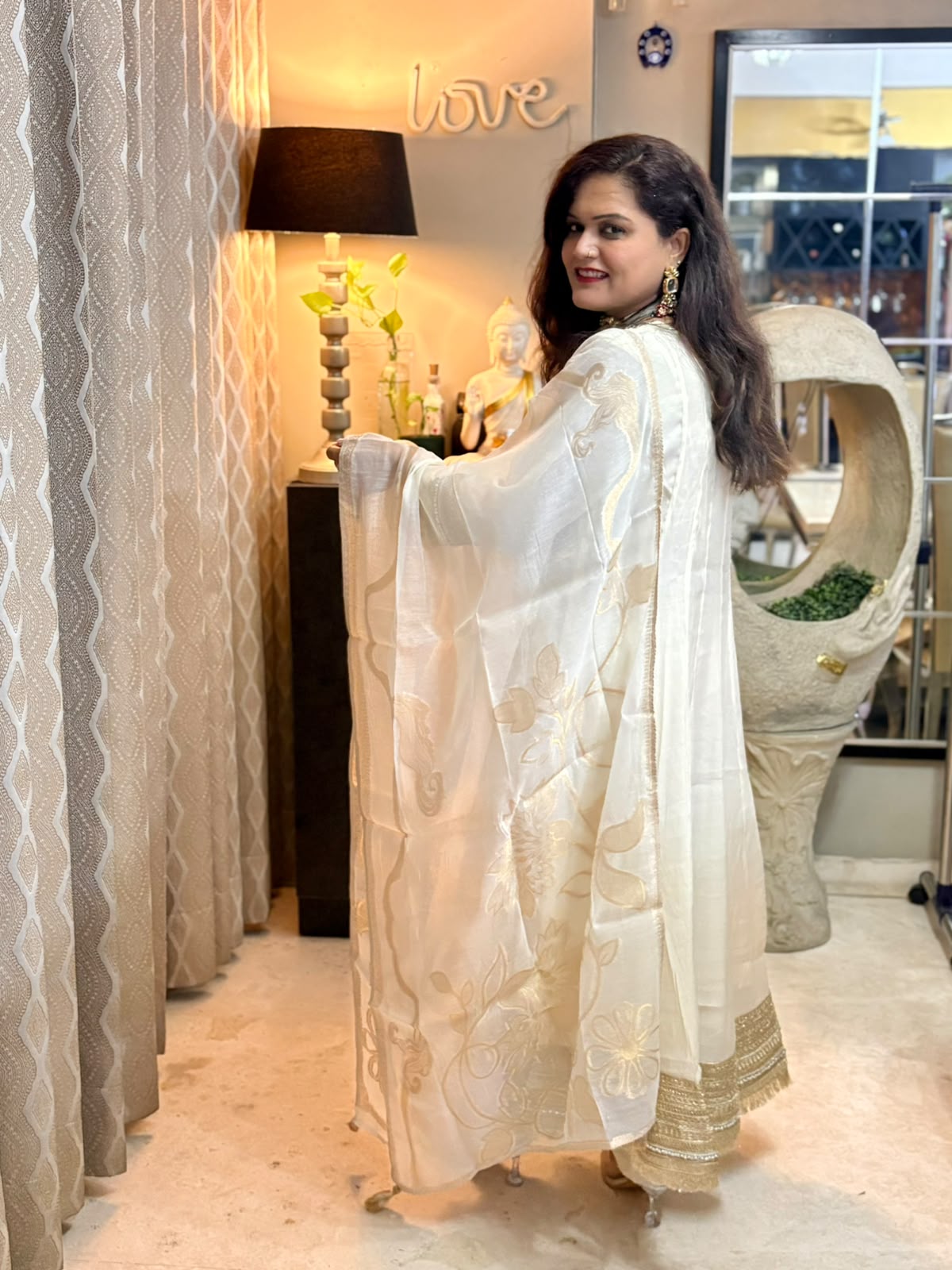 Ethnic Mirror work Mul Chanderi Anarkali with Trouser and Dupatta-SAJ054