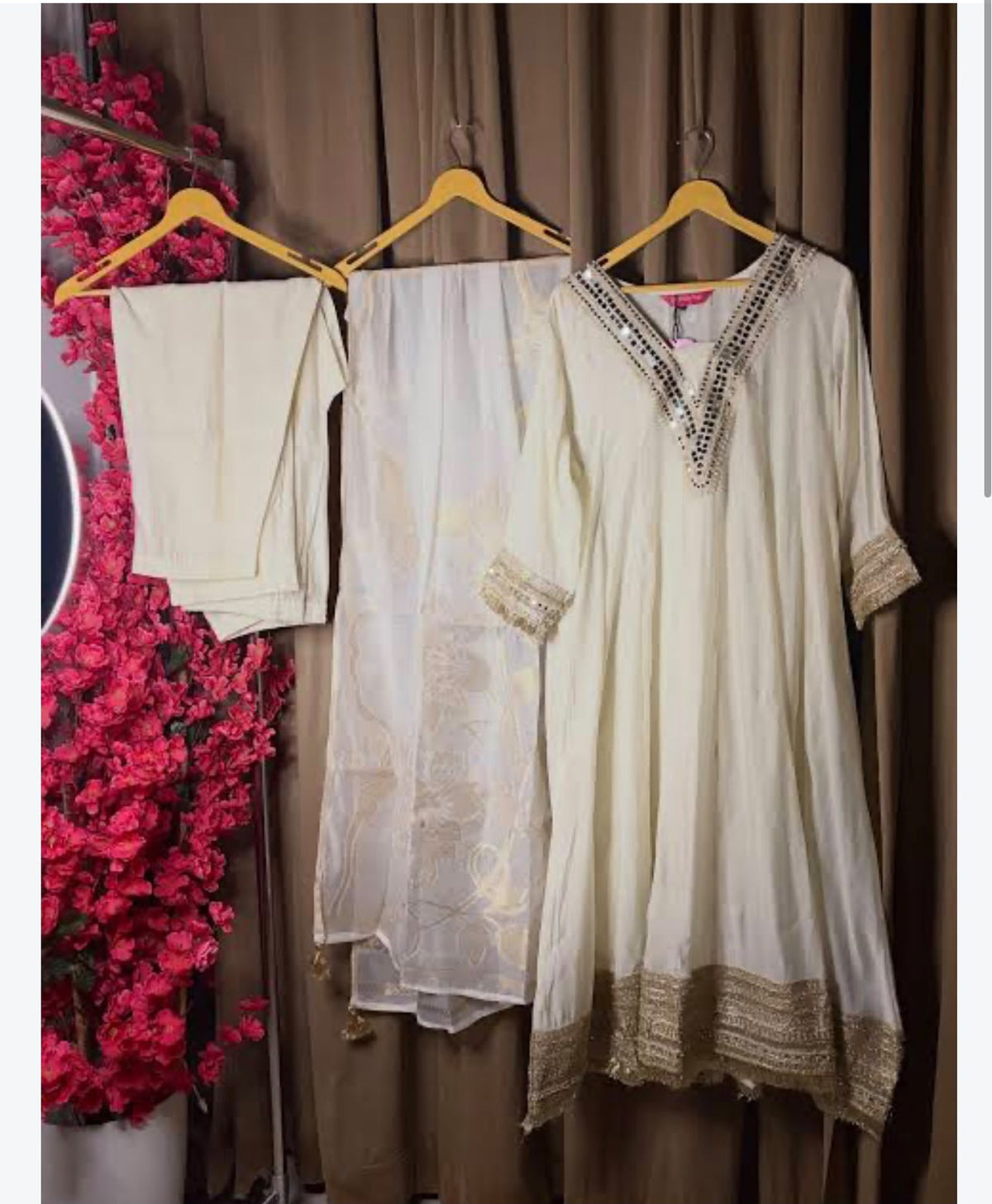 Ethnic Mirror work Mul Chanderi Anarkali with Trouser and Dupatta-SAJ054