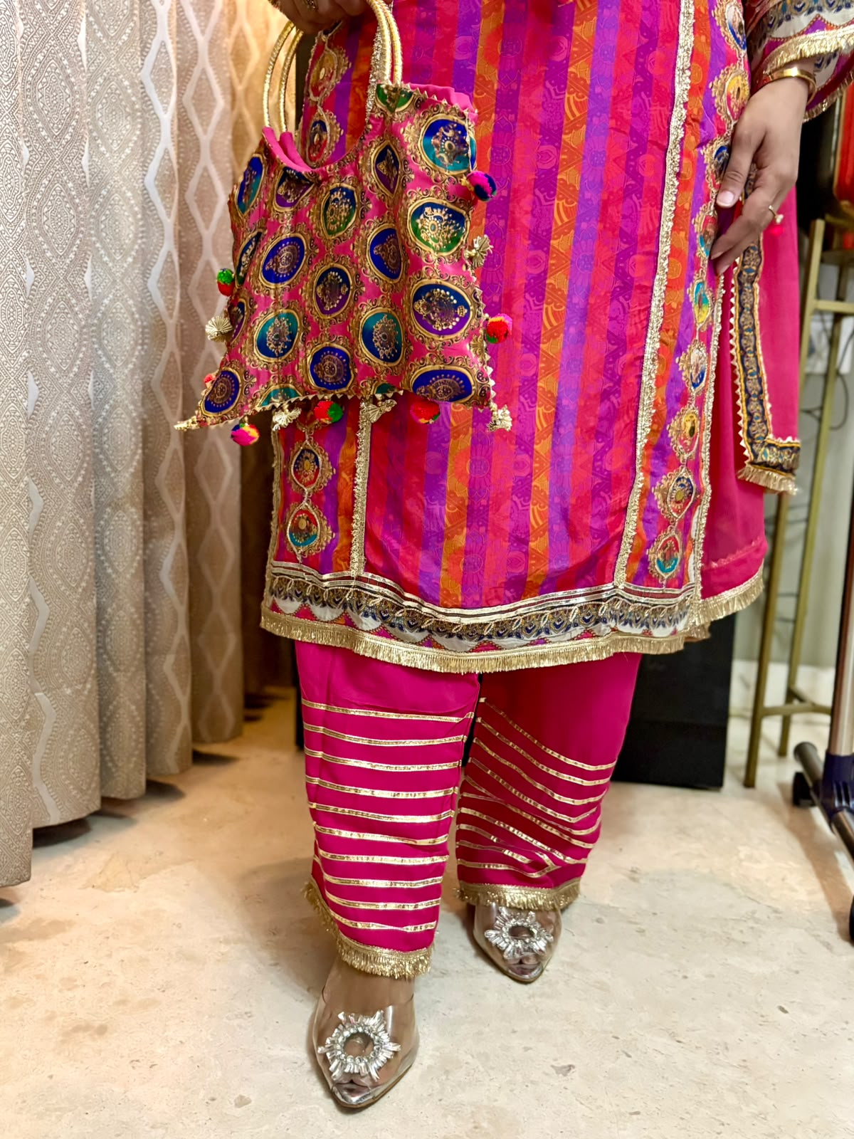 Designer Bestseller Four Piece Russian Crepe Suit with Potli - SAJ055