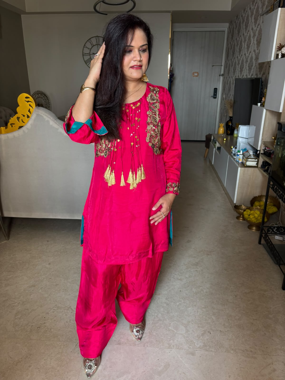Designer Pure Crape Farshi Coord Set with Tassels work - SAJ074
