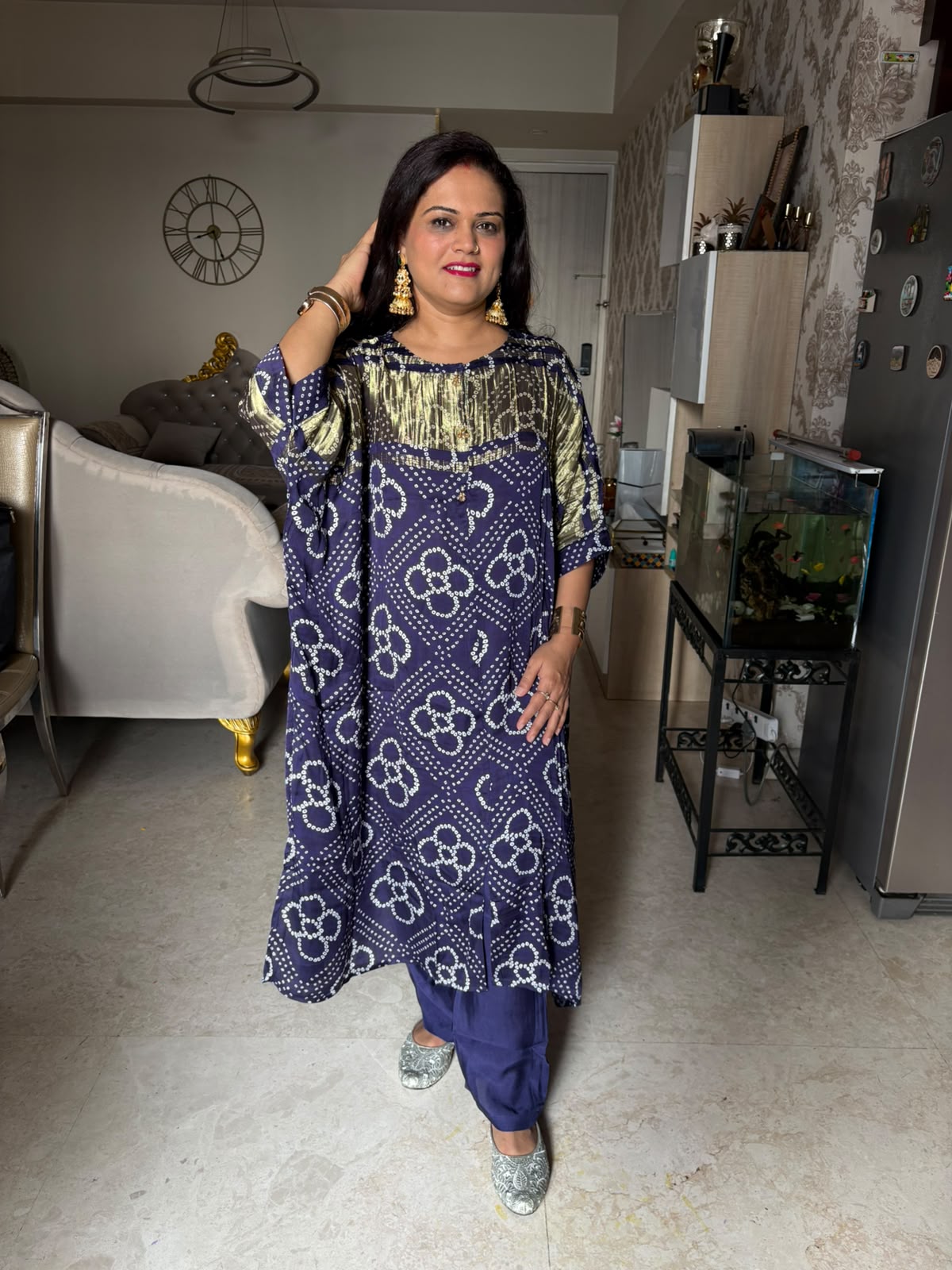 Modal Crepe Bandhani Gajji Silk Kaftan Set - SAJ076